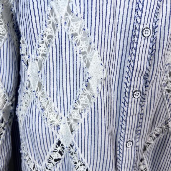 Free People Top small button down all over crochet oxford Maldives Stripes NWT - Picture 11 of 14